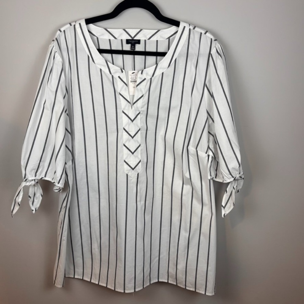 NWT Talbots Fancy Stripe Tie Sleeve 100% Cotton Lightweight Blouse Womens sz 3X
